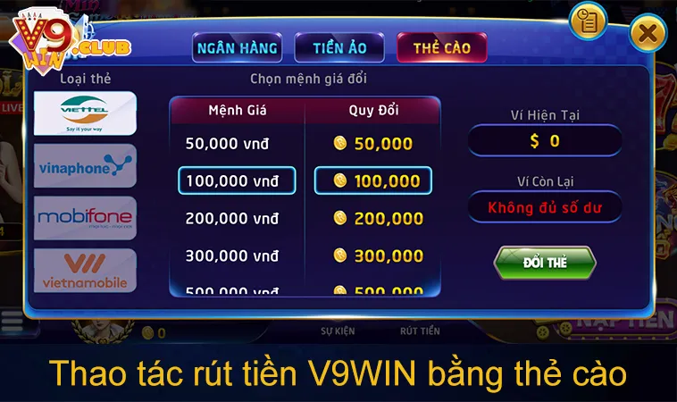 Thao tác rút tiền V9WIN bằng thẻ cào