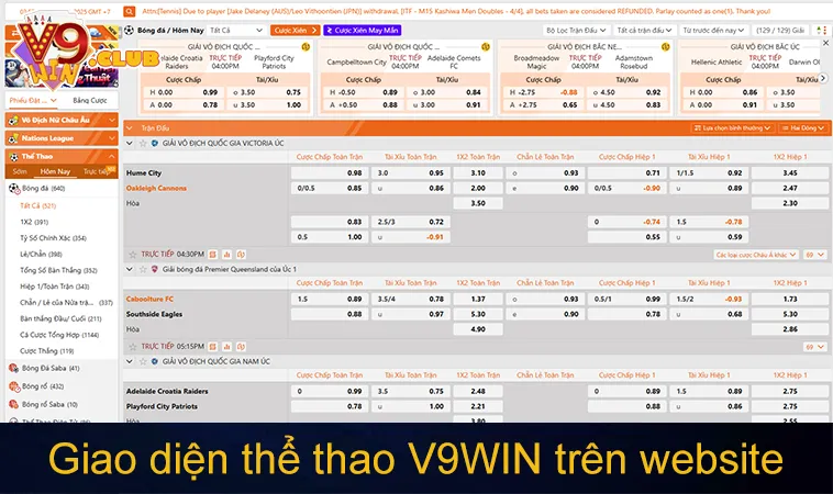 Giao diện thể thao V9WIN trên website